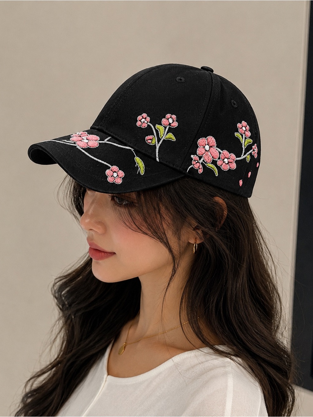 Black Floral Embroidered Baseball Cap - Pink Blossom Design
